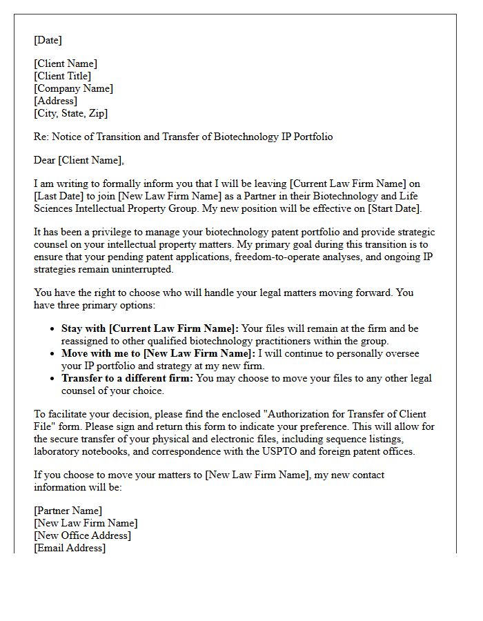Biotechnology Intellectual Property Partner Transition Letter for a National Law Firm