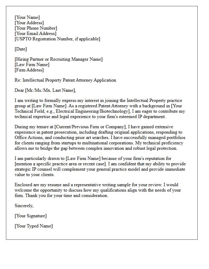 Intellectual Property Patent Attorney Direct Application Letter for a General Practice Law Firm