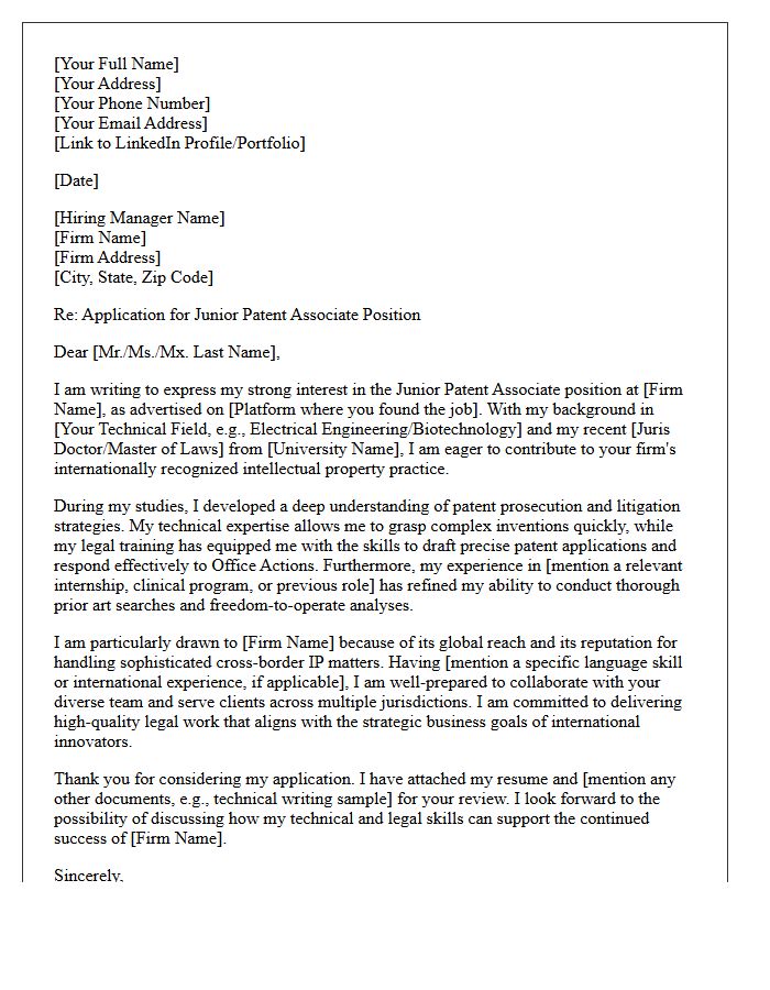 Junior Patent Associate Cover Letter for an International Intellectual Property Law Firm