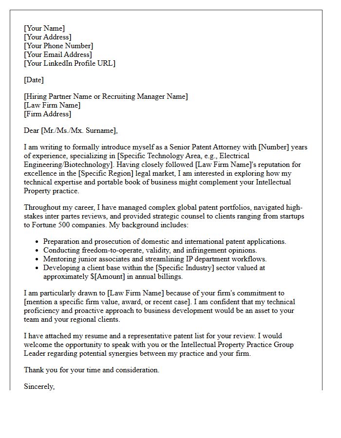 Senior Patent Attorney Letter of Introduction to a Regional Law Firm