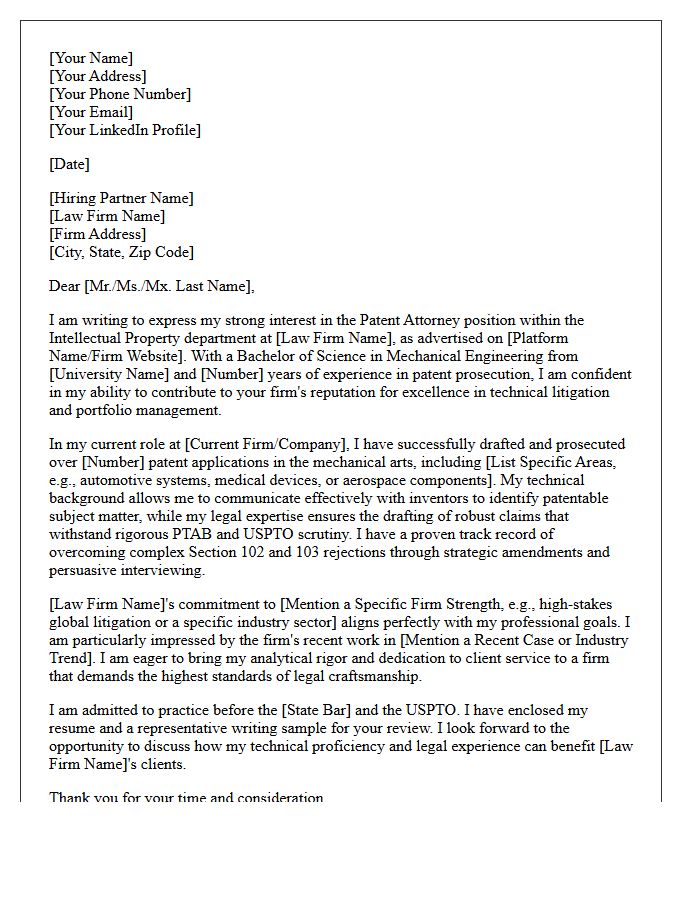 Mechanical Engineering Patent Attorney Cover Letter for a Prestigious Law Firm