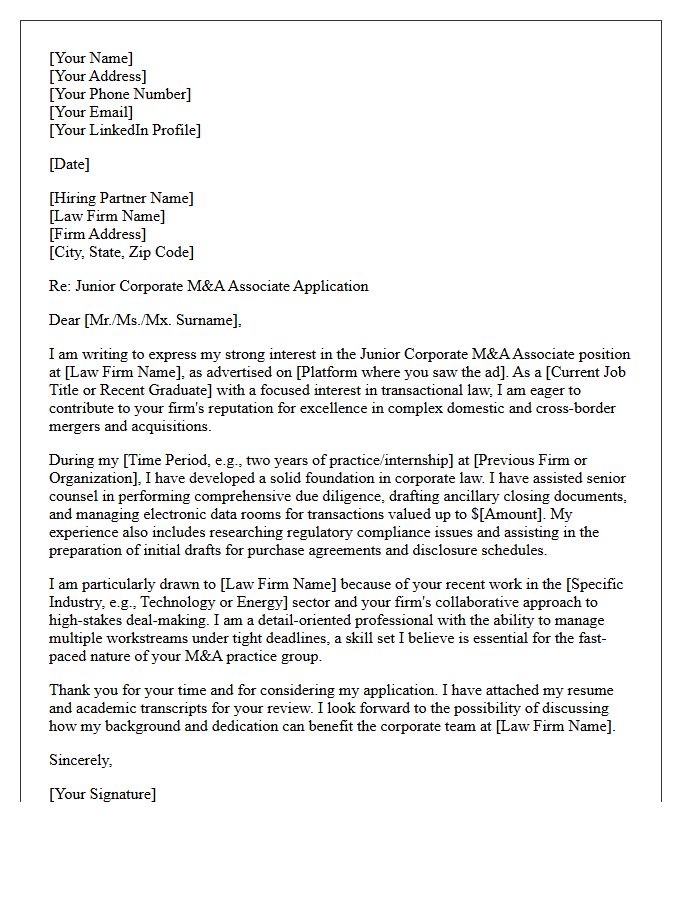 Junior Corporate Mergers and Acquisitions Associate Cover Letter