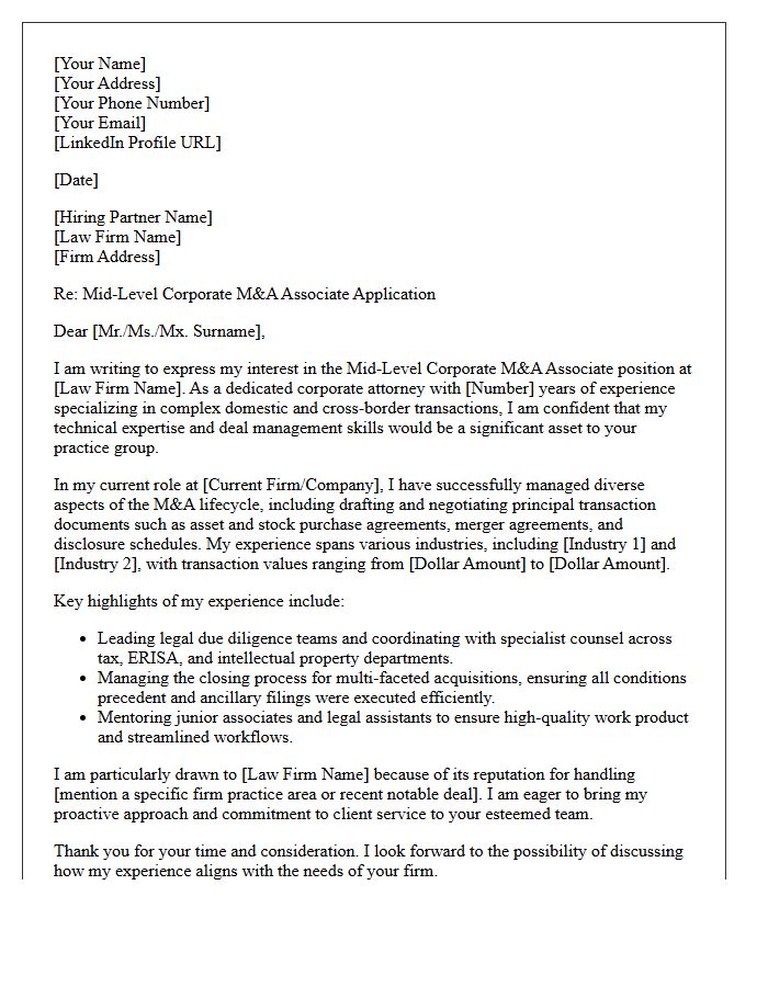 Mid-Level Corporate Mergers and Acquisitions Associate Cover Letter