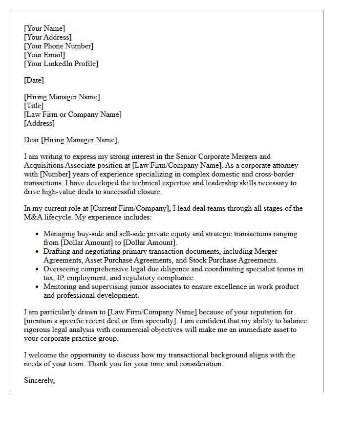 Senior Corporate Mergers and Acquisitions Associate Cover Letter