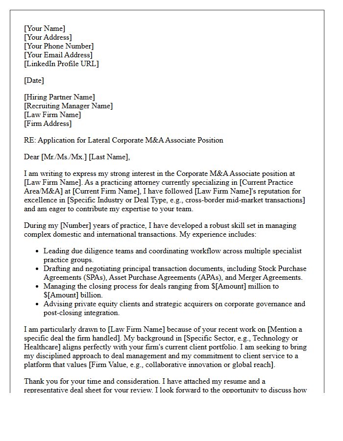 Lateral Corporate Mergers and Acquisitions Associate Cover Letter