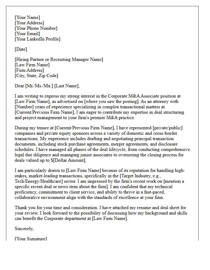 Big Law Corporate Mergers and Acquisitions Associate Cover Letter
