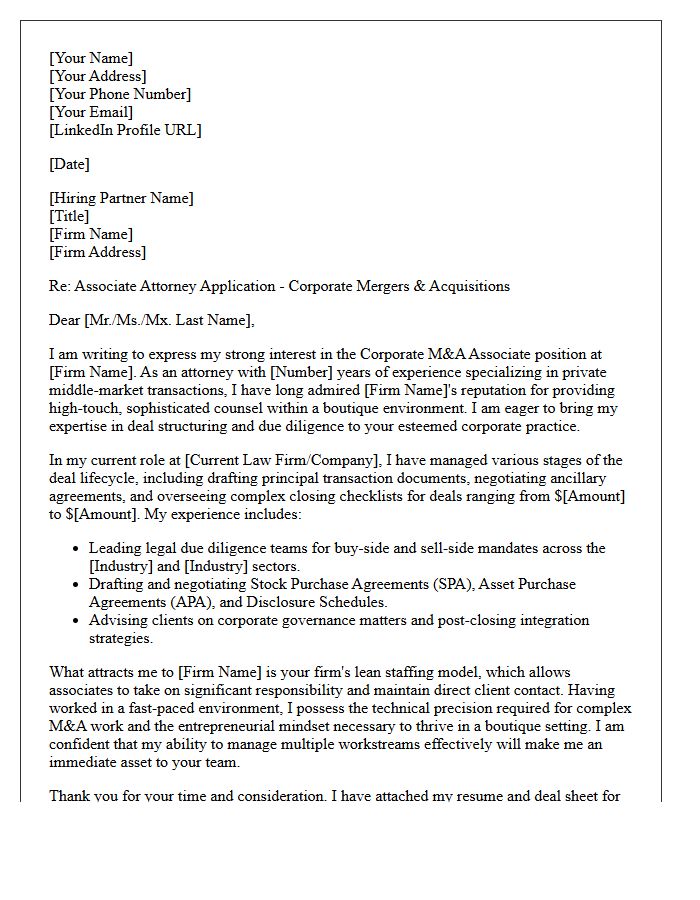 Boutique Firm Corporate Mergers and Acquisitions Associate Cover Letter