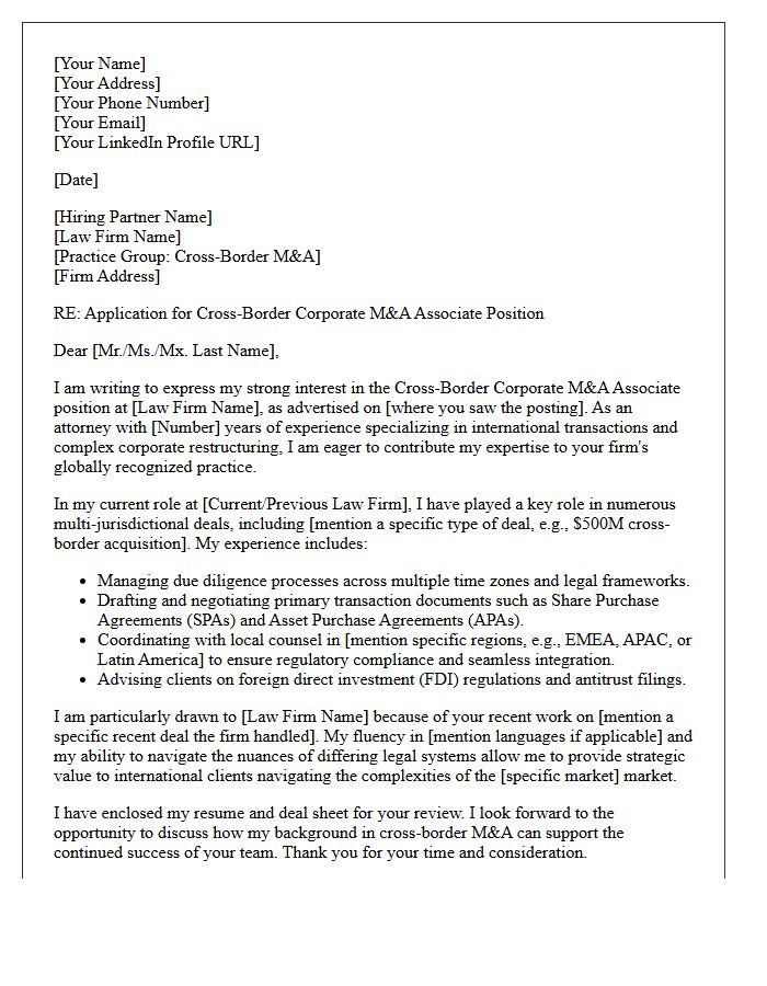 Cross-Border Corporate Mergers and Acquisitions Associate Cover Letter