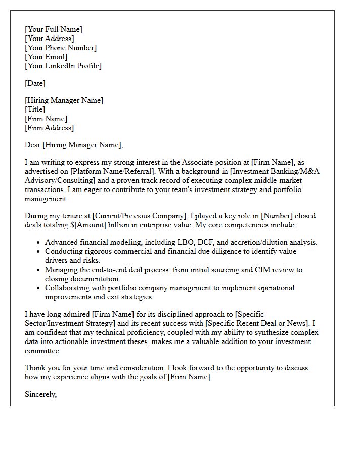 Private Equity Corporate Mergers and Acquisitions Associate Cover Letter
