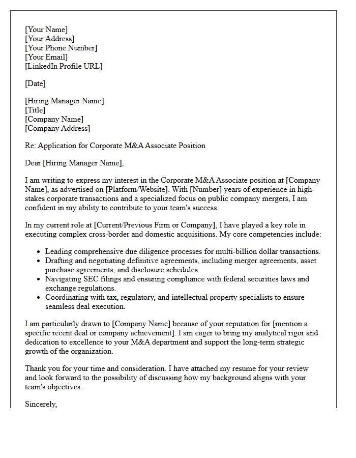 Public Company Corporate Mergers and Acquisitions Associate Cover Letter
