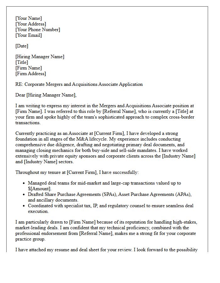 Referred Corporate Mergers and Acquisitions Associate Cover Letter