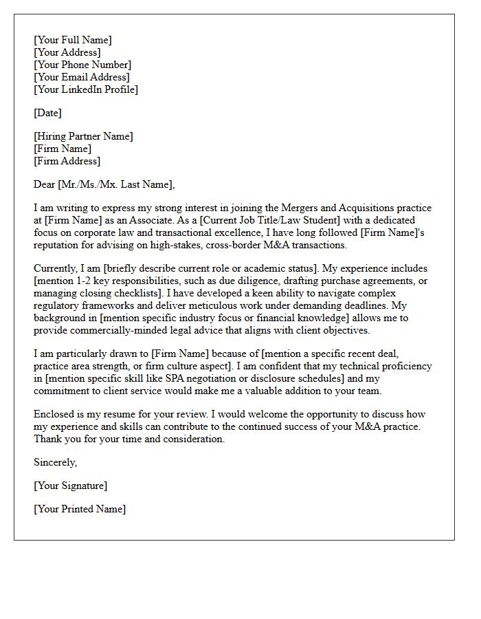 Speculative Corporate Mergers and Acquisitions Associate Cover Letter