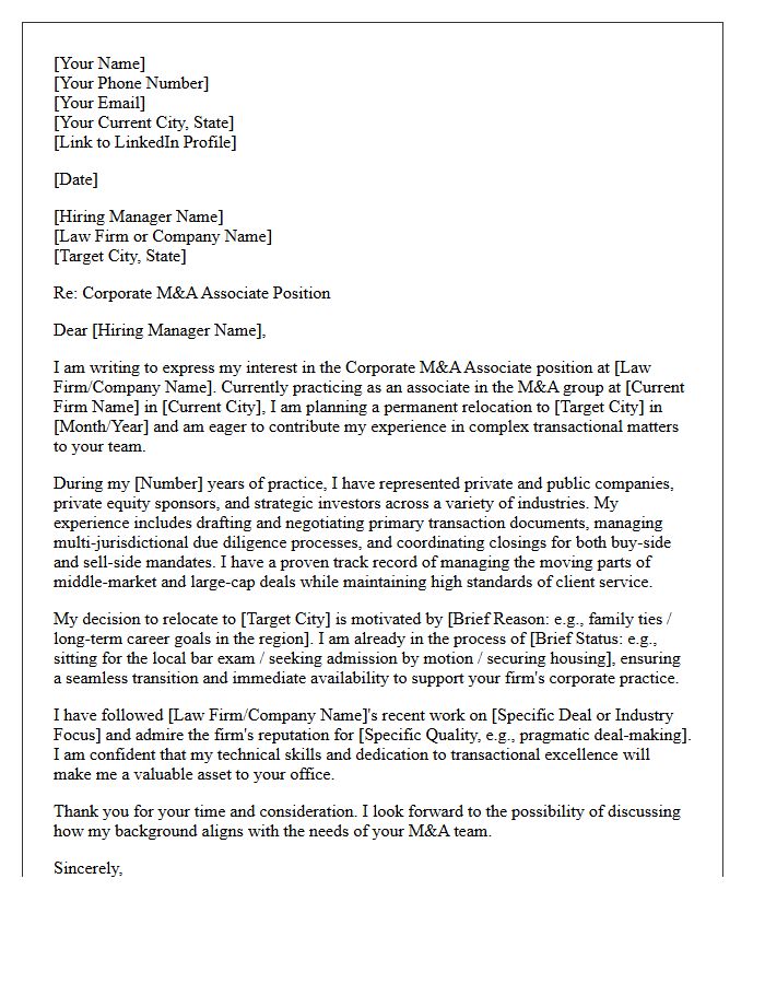 Relocating Corporate Mergers and Acquisitions Associate Cover Letter