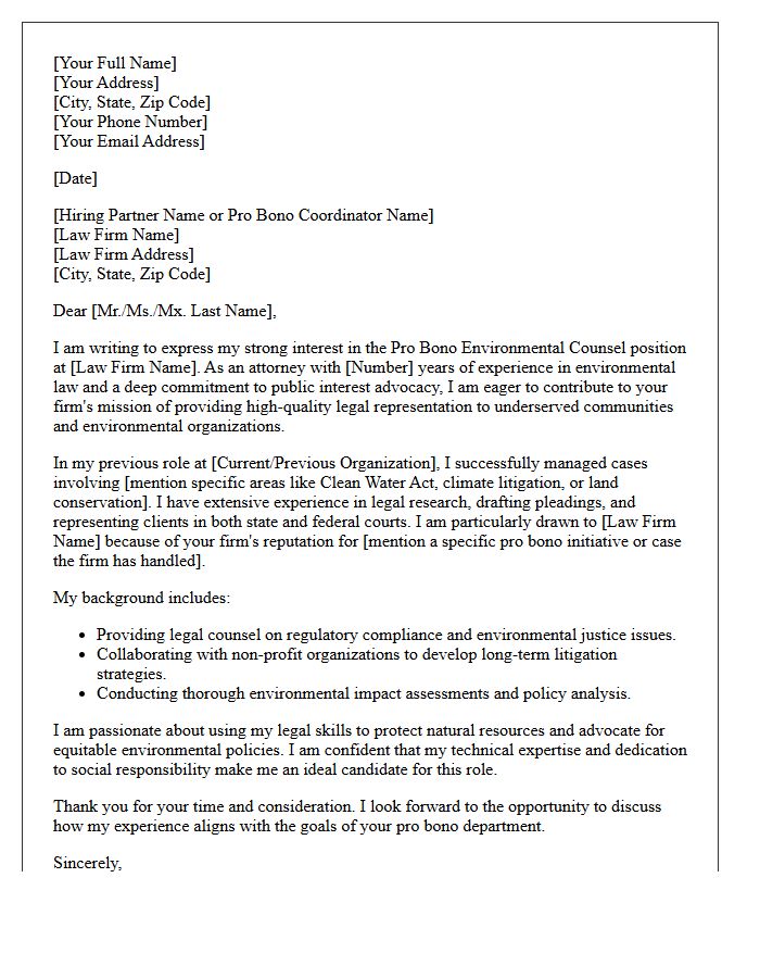 Law Firm Pro Bono Environmental Counsel Cover Letter