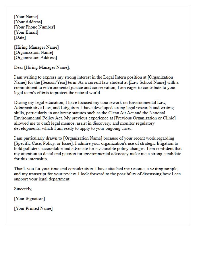 Environmental Defense Legal Intern Application Letter