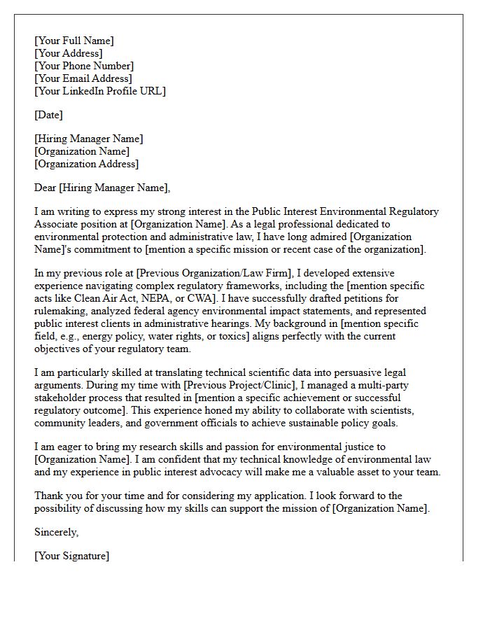 Public Interest Environmental Regulatory Associate Cover Letter