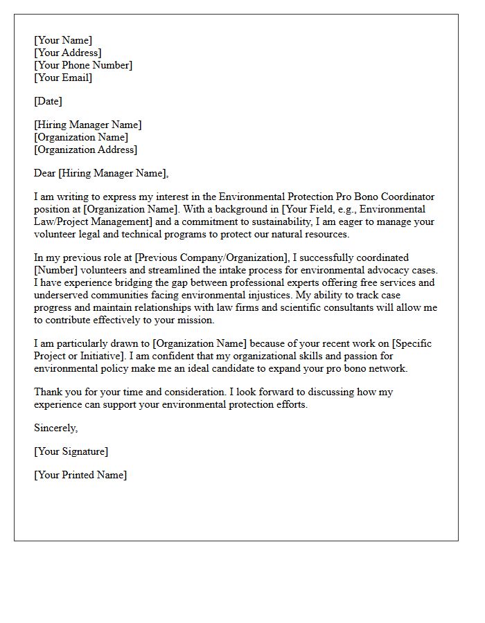 Environmental Protection Pro Bono Coordinator Cover Letter