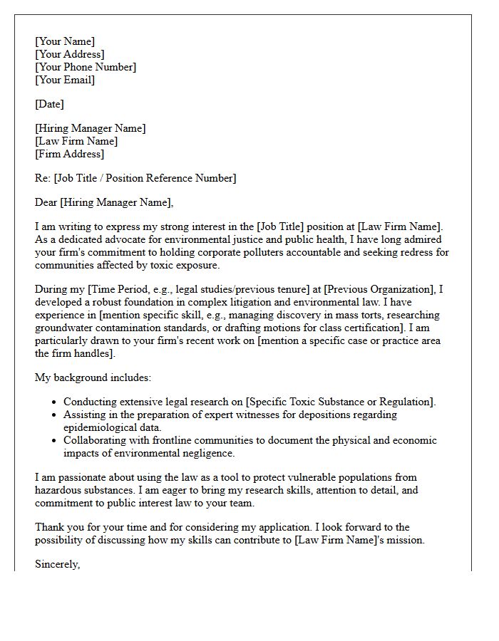 Toxic Tort Public Interest Law Firm Cover Letter