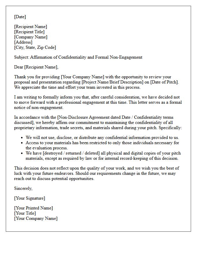 Pitch Confidentiality Affirmation Non-Engagement Letter