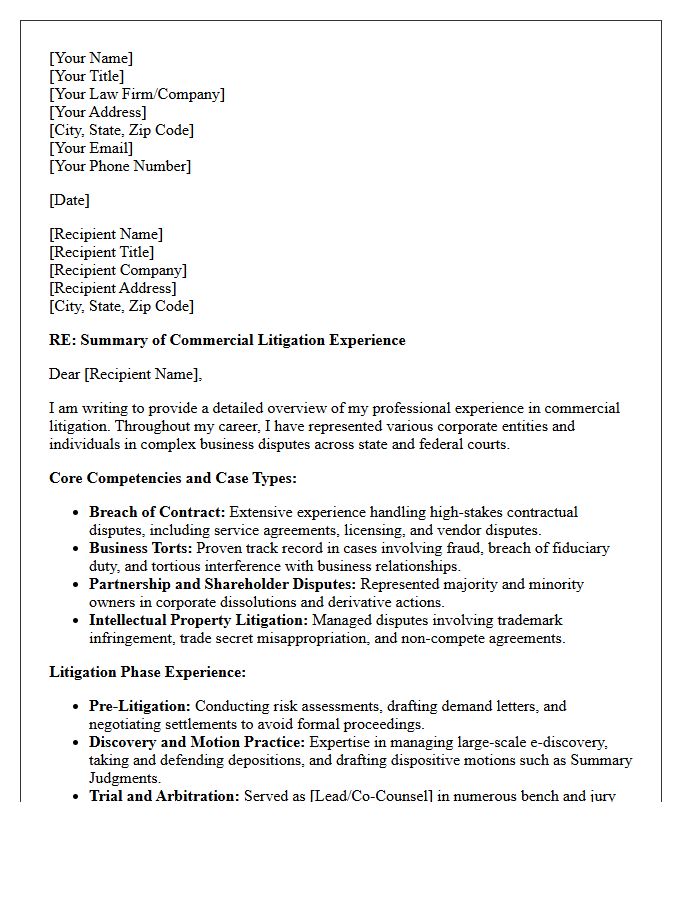 Commercial Litigation Experience Detailed in the Letter