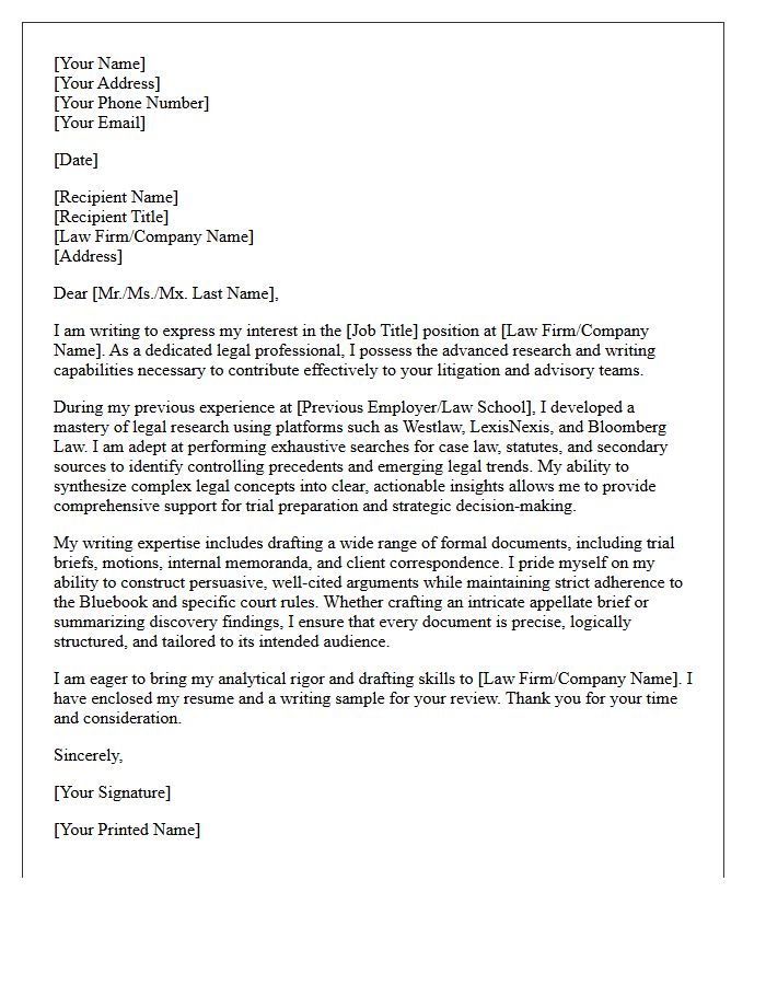 Legal Research And Writing Capabilities Highlighted In The Body Of The Letter