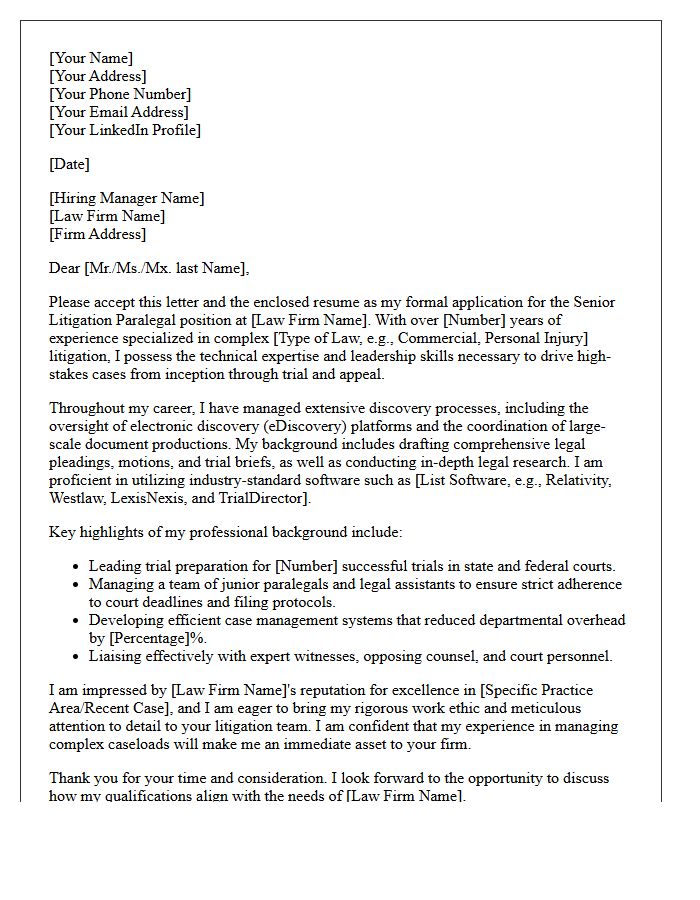 Traditional Senior Litigation Paralegal Cover Letter