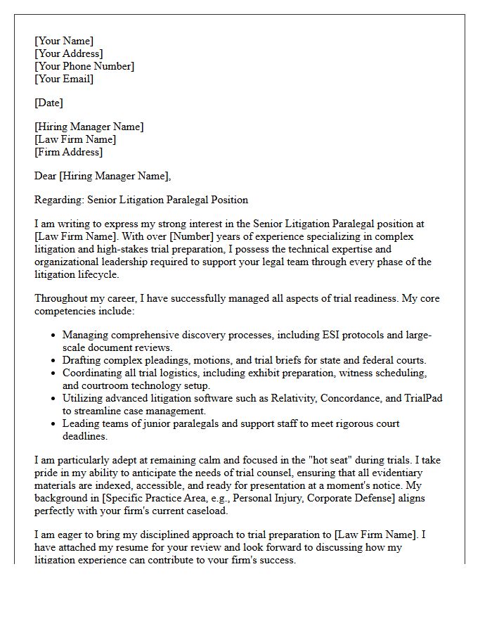 Trial Preparation Focused Senior Litigation Paralegal Cover Letter