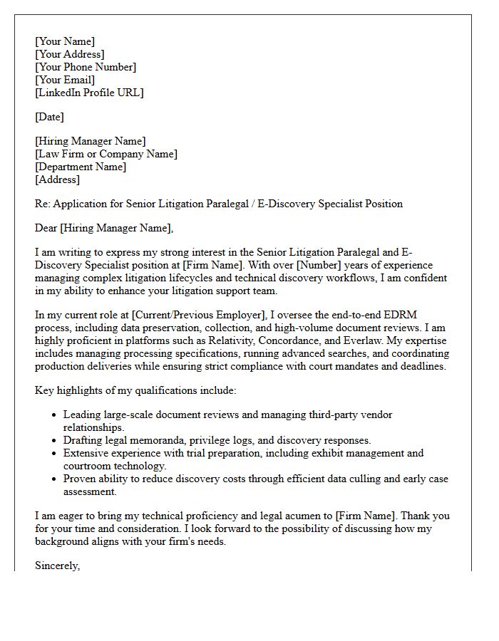 Electronic Discovery Specialist Senior Litigation Paralegal Cover Letter