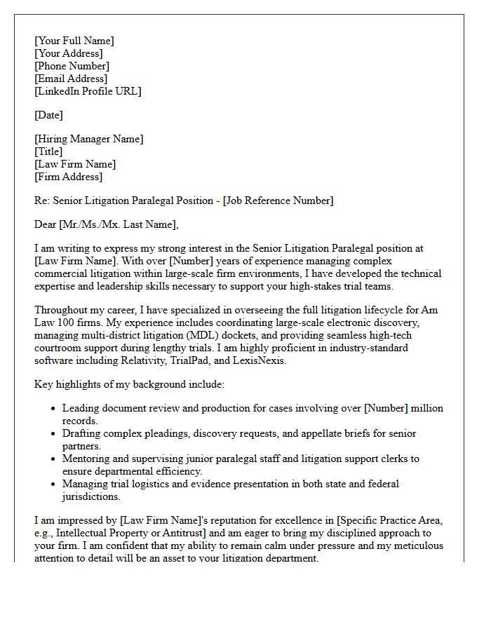 Large Corporate Law Firm Senior Litigation Paralegal Cover Letter