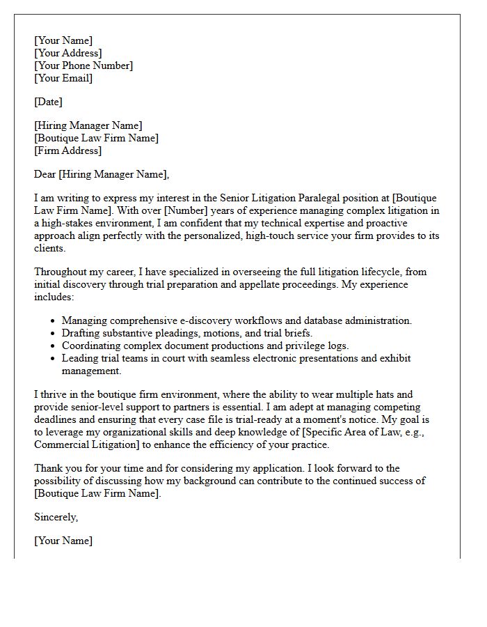 Boutique Practice Senior Litigation Paralegal Cover Letter