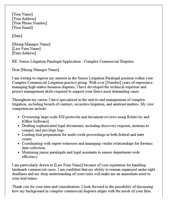 Complex Commercial Dispute Senior Litigation Paralegal Cover Letter