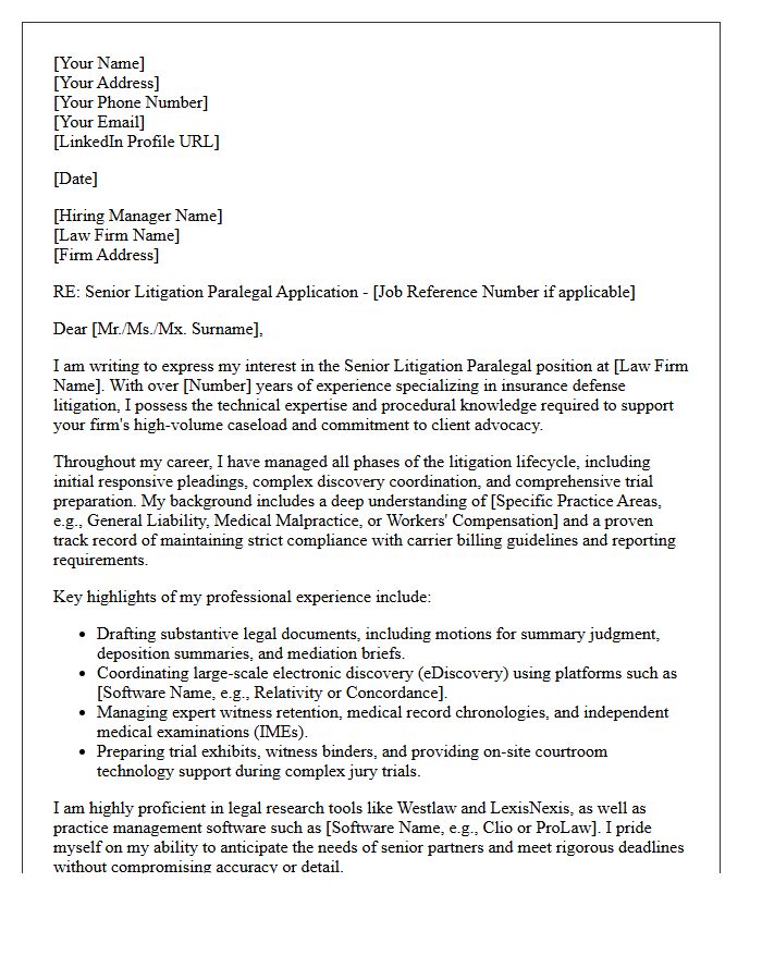 Insurance Defense Firm Senior Litigation Paralegal Cover Letter
