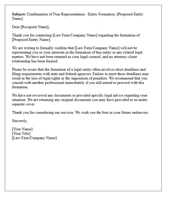 Entity Formation Non-Engagement Letter Subject Line