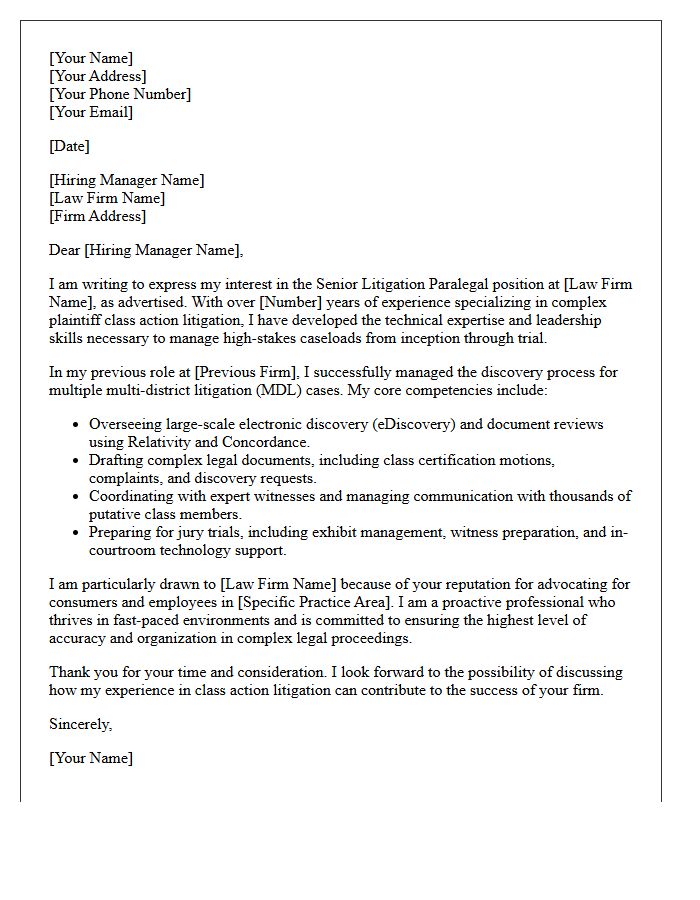 Plaintiff Class Action Senior Litigation Paralegal Cover Letter