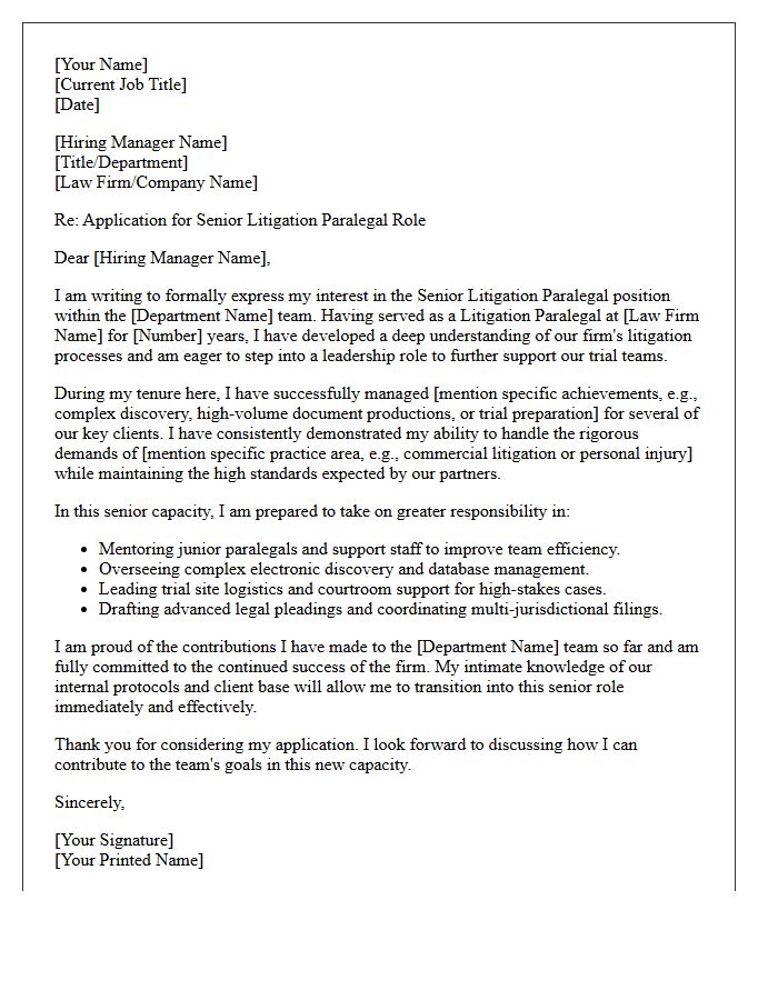 Internal Promotion Senior Litigation Paralegal Cover Letter