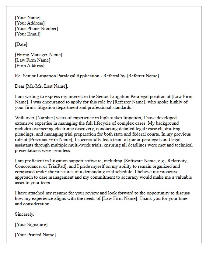 Professional Referral Senior Litigation Paralegal Cover Letter