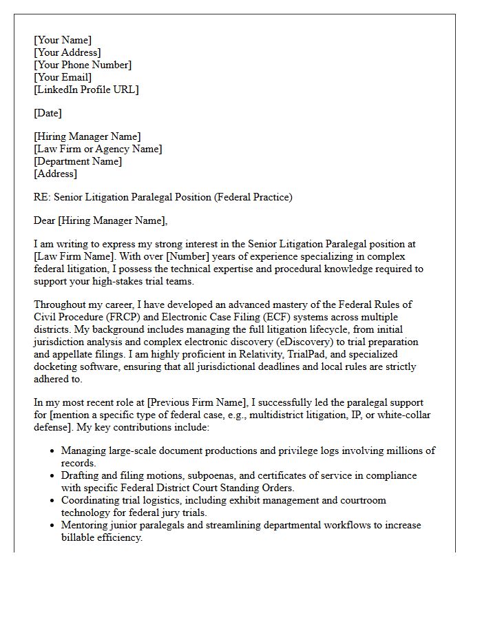 Federal Court Experienced Senior Litigation Paralegal Cover Letter