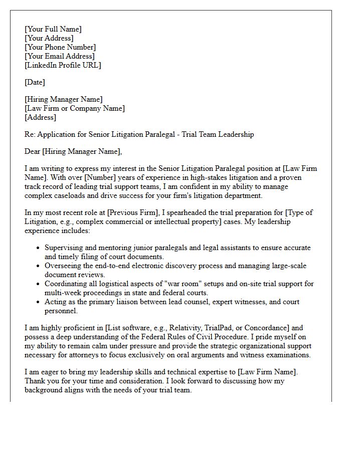 Trial Team Leadership Senior Litigation Paralegal Cover Letter