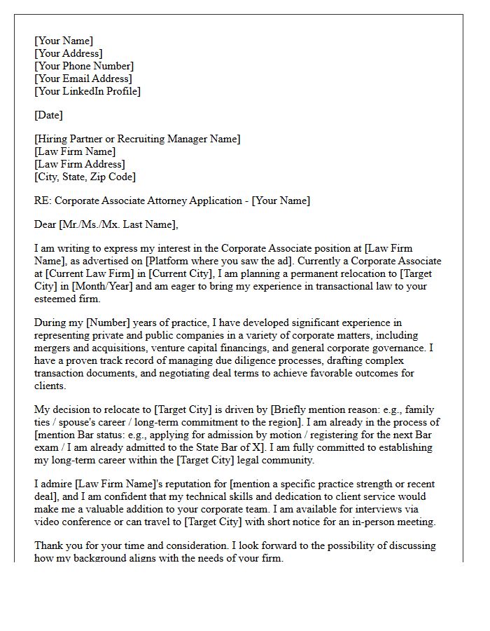 Out-of-State Relocation Cover Letter for Corporate Associate Attorney