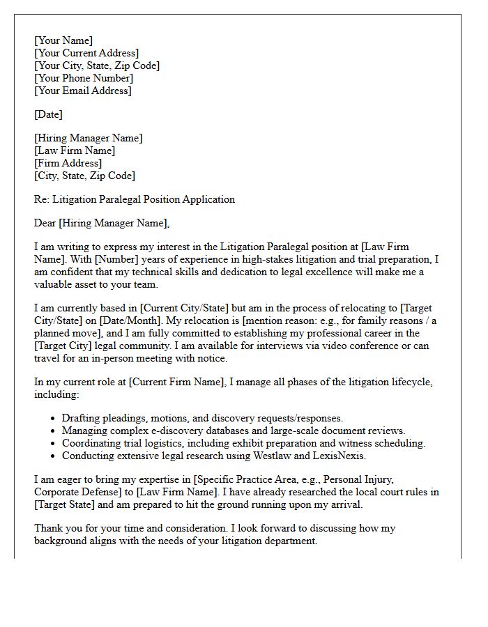 Litigation Paralegal Out-of-State Relocation Cover Letter