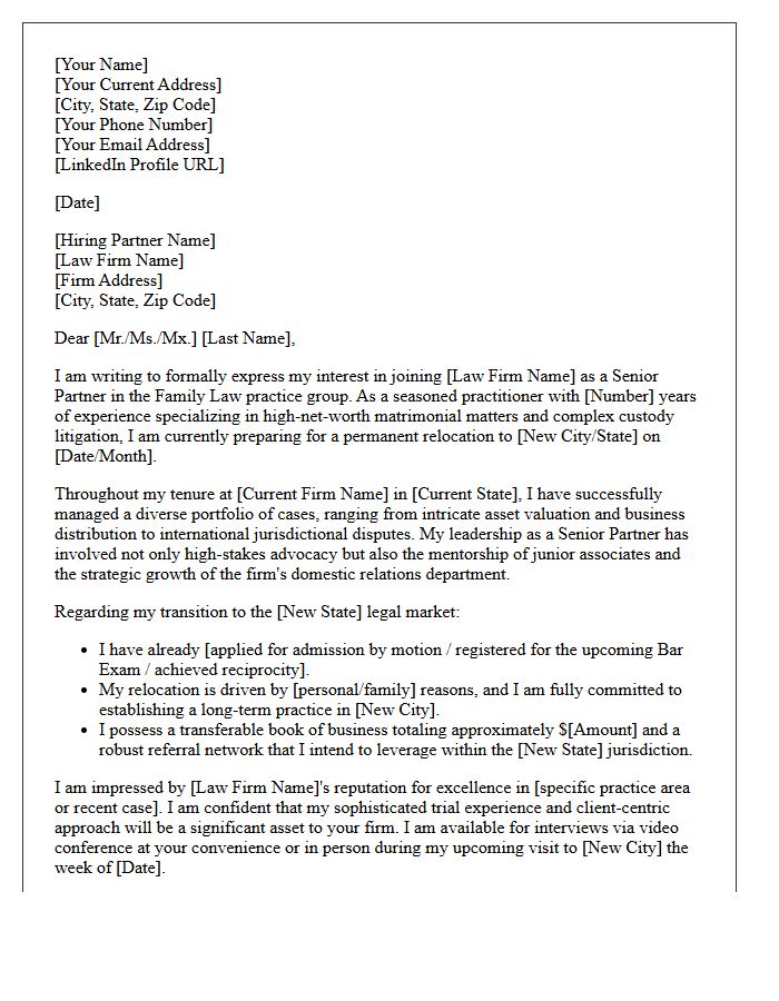 Out-of-State Relocation Cover Letter for Senior Partner in Family Law