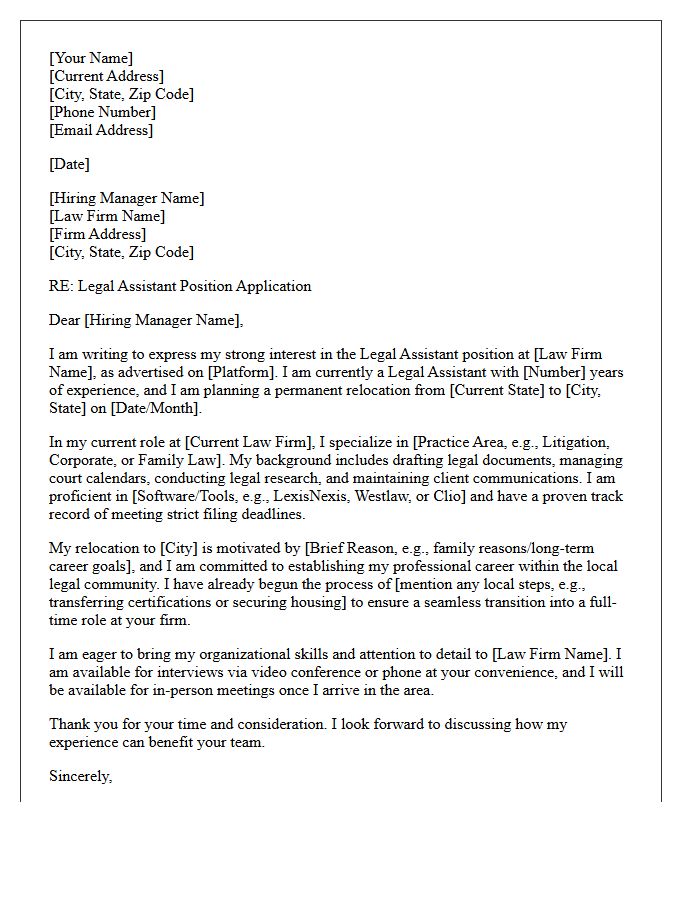 Out-of-State Relocation Cover Letter for Legal Assistant