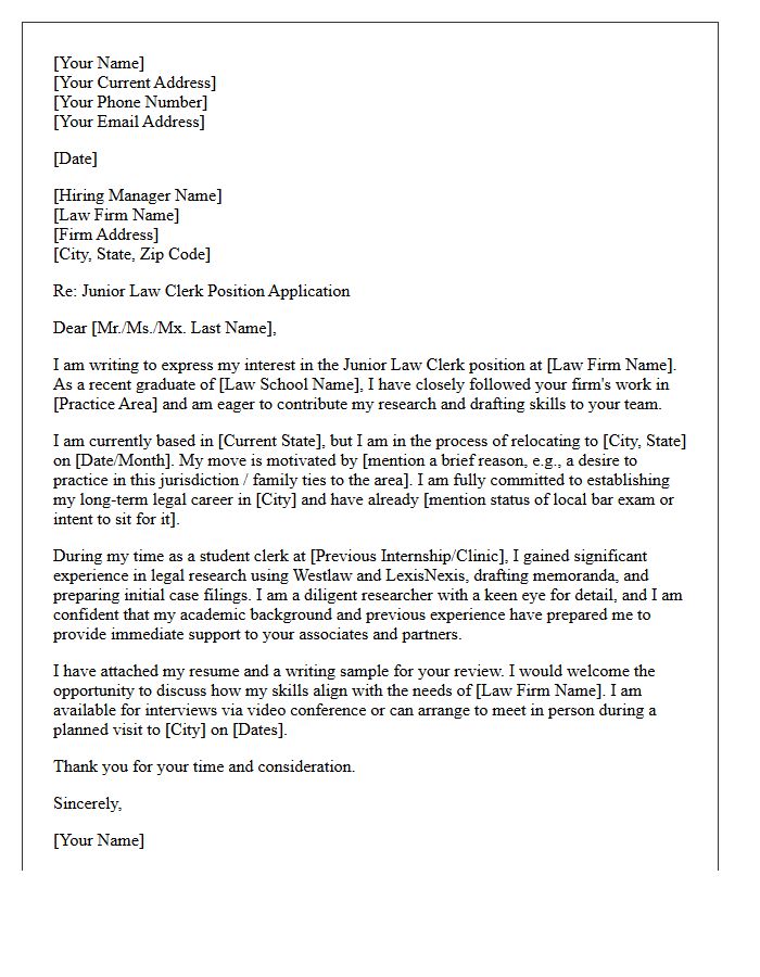 Out-of-State Relocation Cover Letter for Junior Law Clerk