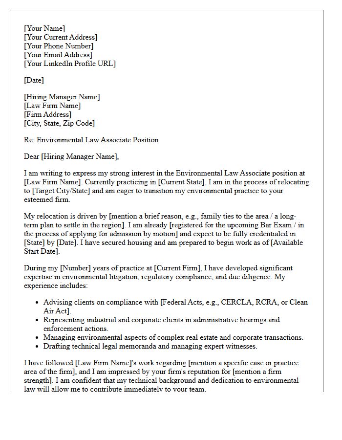Out-of-State Relocation Cover Letter for Environmental Law Associate