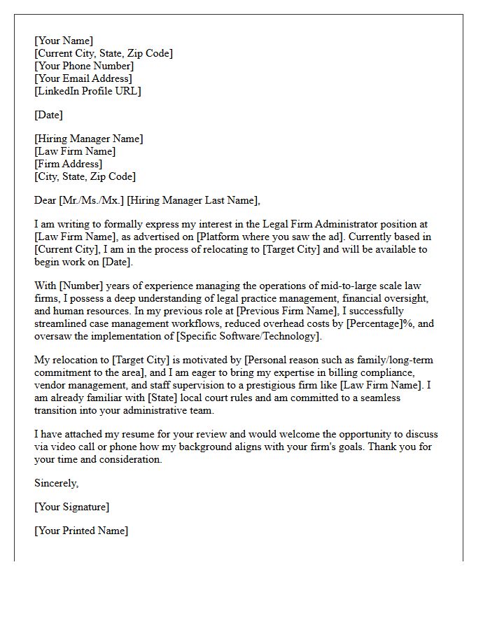Legal Firm Administrator Out-of-State Relocation Cover Letter