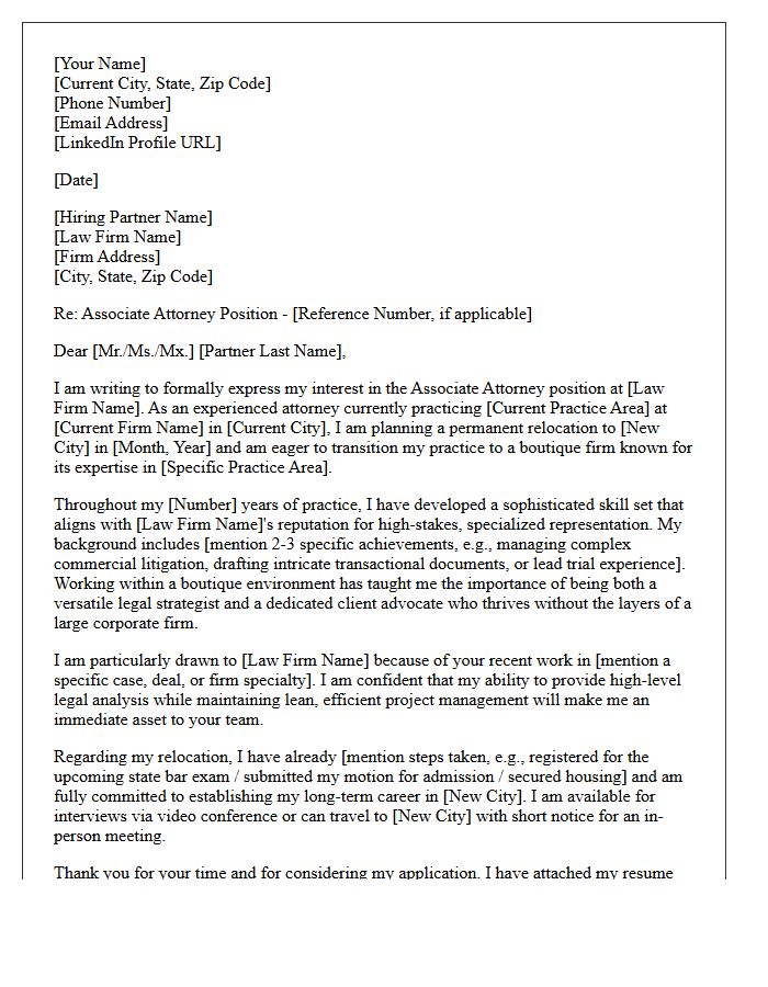 Out-of-State Relocation Cover Letter for Boutique Firm Attorney