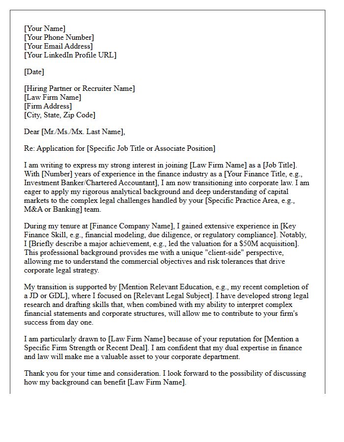 Finance Professional to Corporate Law Firm Career Changer Cover Letter