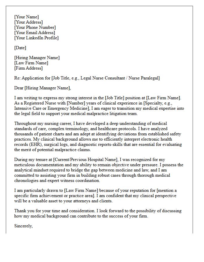 Registered Nurse to Medical Malpractice Law Firm Career Changer Cover Letter
