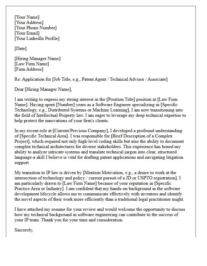 Software Engineer to Intellectual Property Law Firm Career Changer Cover Letter