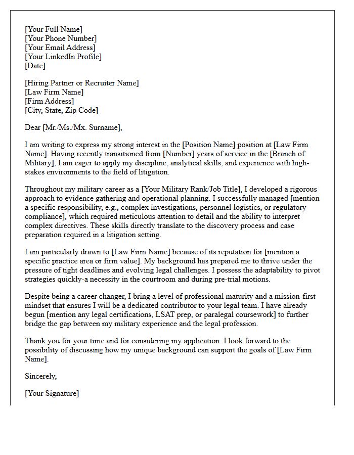 Military Veteran to Litigation Law Firm Career Changer Cover Letter